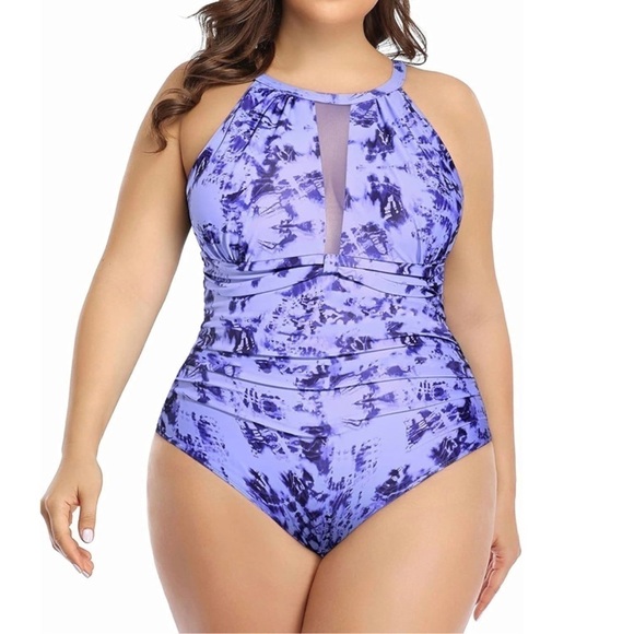 Aqua Eve Plus Size Swimsuit One Piece Tummy Control High Neck Ruched Size 18W - Picture 2 of 9